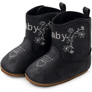 Infant Toddler Black Embroidery Faux Leather Western Rubber Sole Tassel Booties